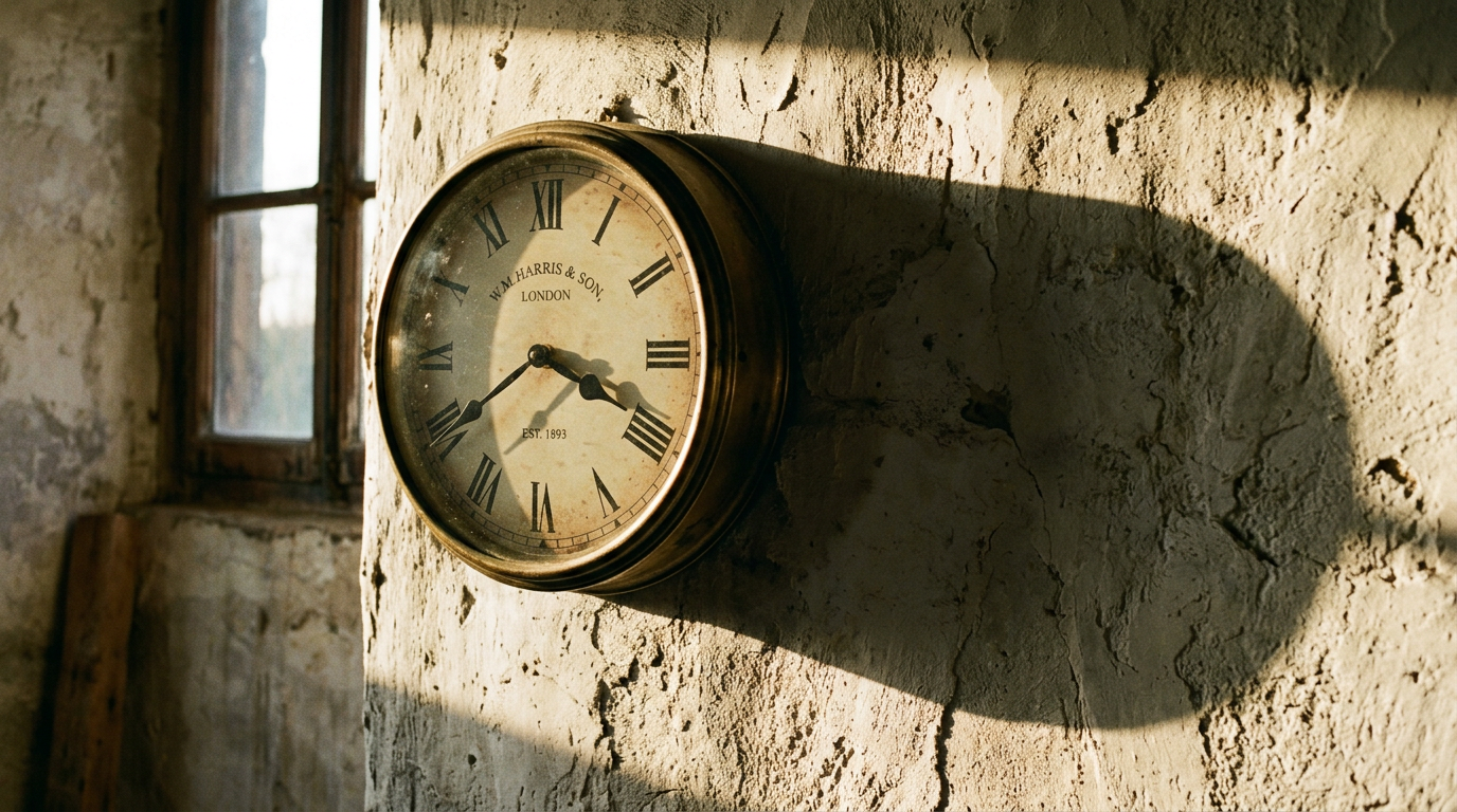 Wall clock casting long shadow on textured wall in evening light