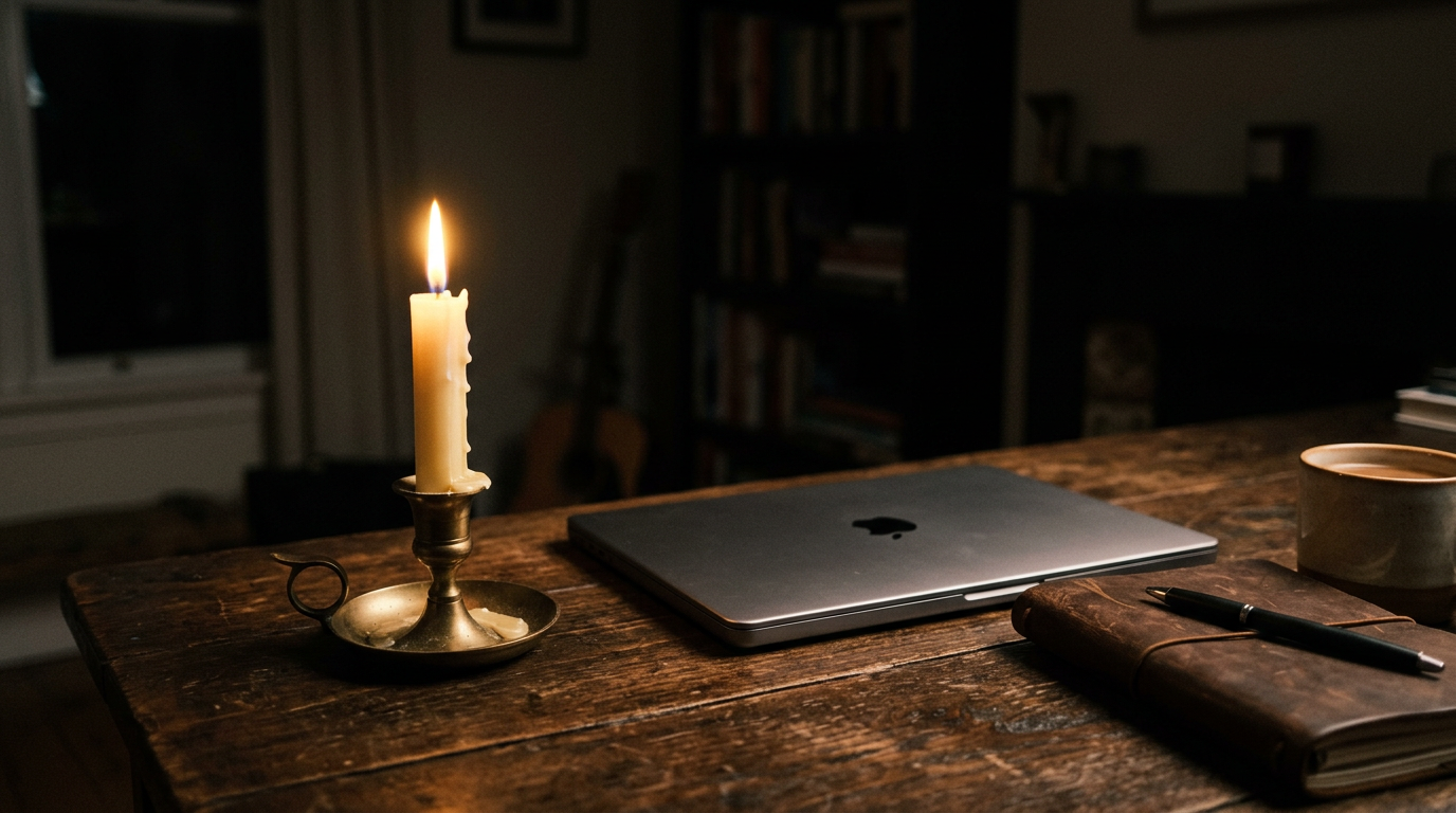 Single candle on desk beside closed laptop in dark room