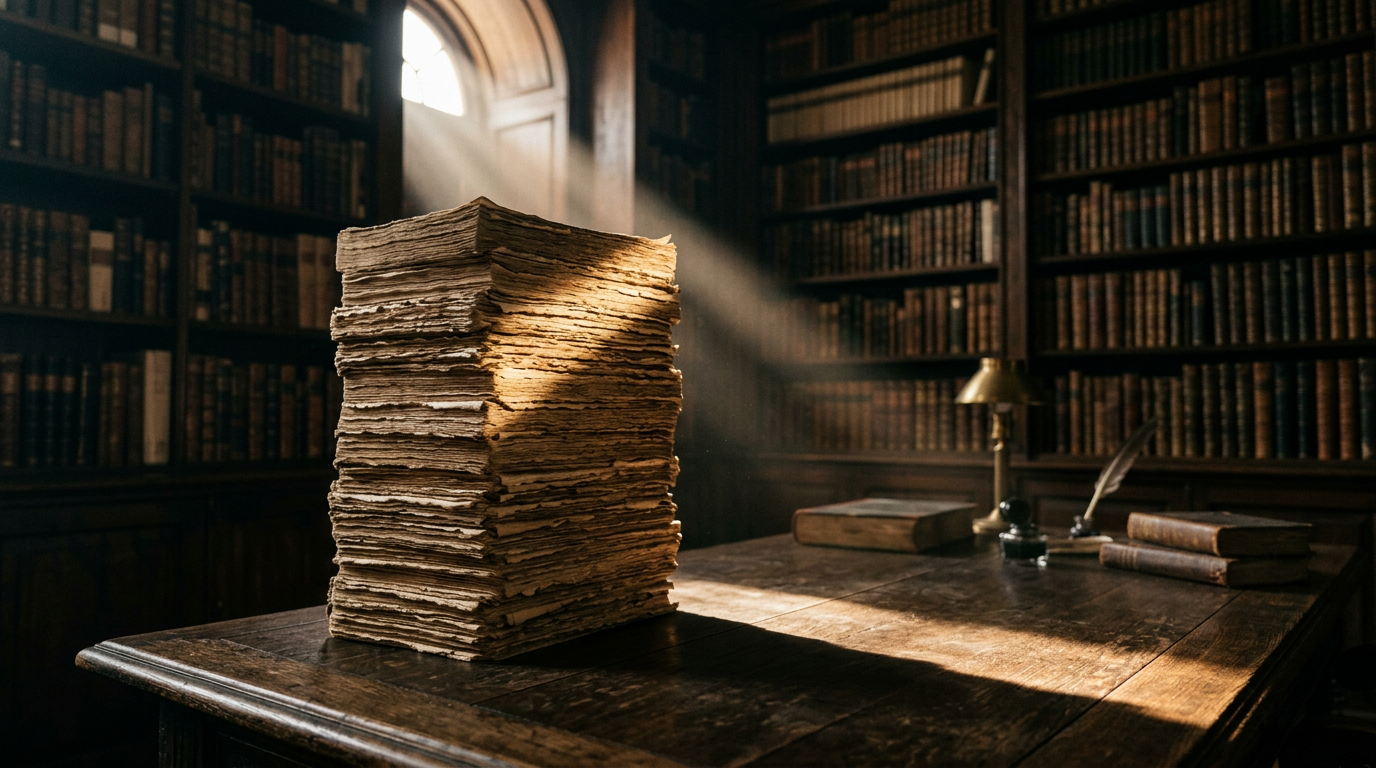 Tall book pages casting long shadow in narrow light beam