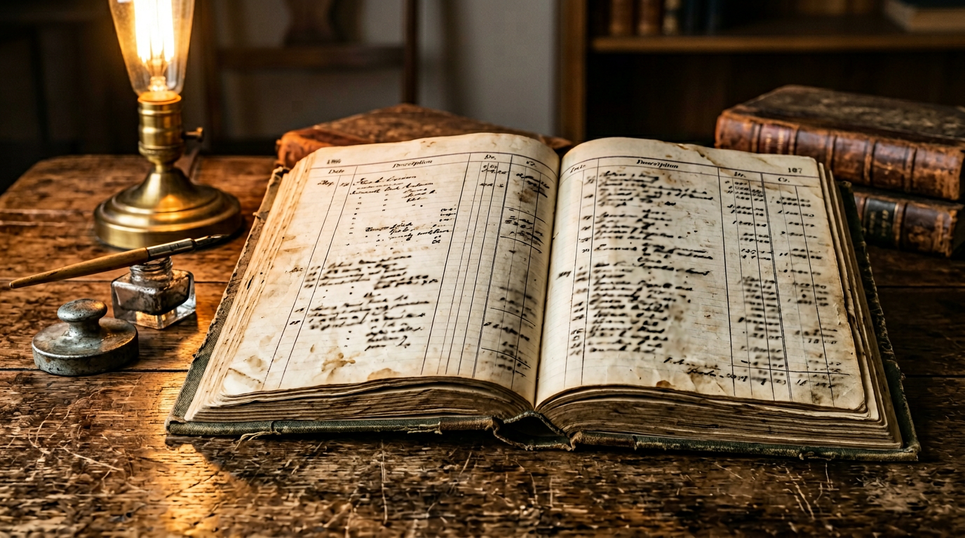 Ledger book with handwritten notes in soft lamplight
