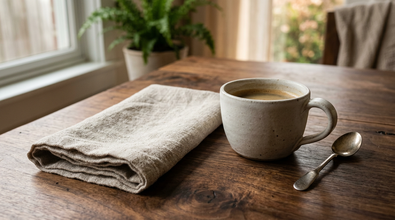 Folded linen and ceramic cup on dark wood
