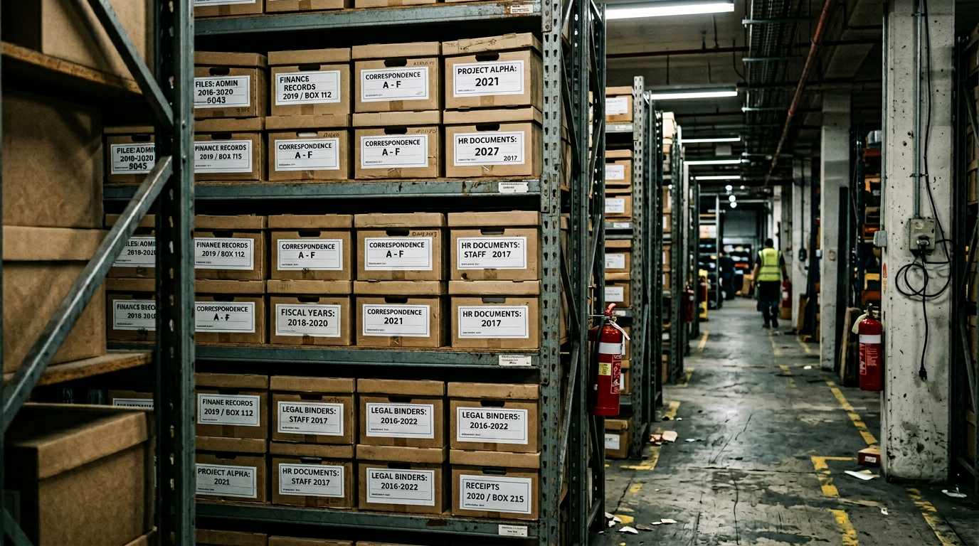 Dark metal shelving with labeled archive boxes in dim light